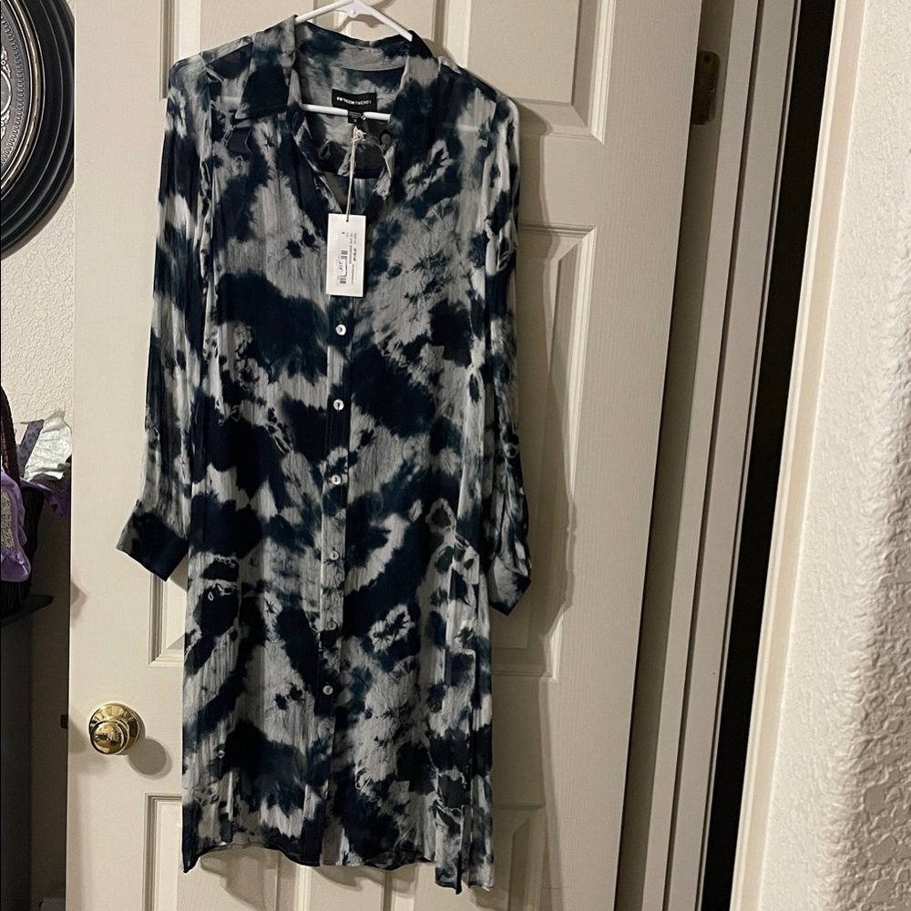 Fifteen Twenty tie dyed Navy and White Long Sleeve shirt Dress with lining dress